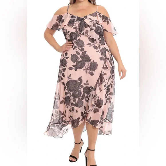 London Times | Dresses | Womans Plus Size London Times Ruffle Dress Pink  With Black Flowers Size 24